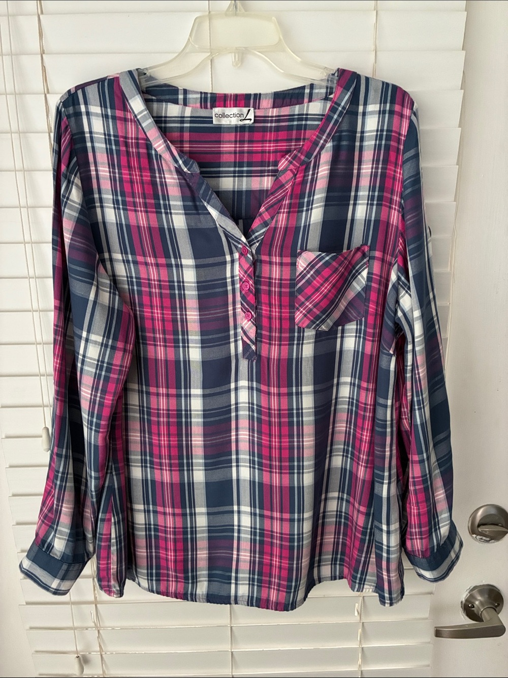 Collection L Plaid Top Blue Pink Long Sleeve Roll Tab Plus SZ XXL